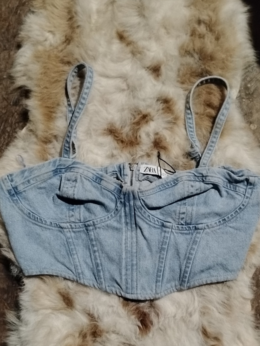Zara Light Wash Denim, Structured, Paneled, Zip Back, Bustier Crop Top, Size M